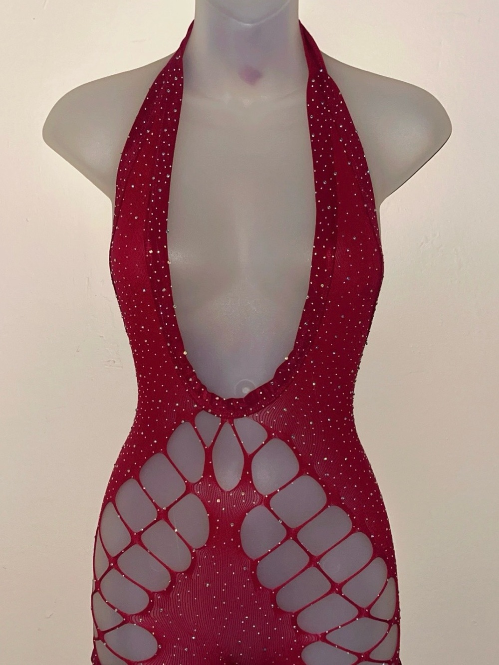 Exotic dancewear: Burgundy Halter backless jumpsuit with Sparkle & pasties